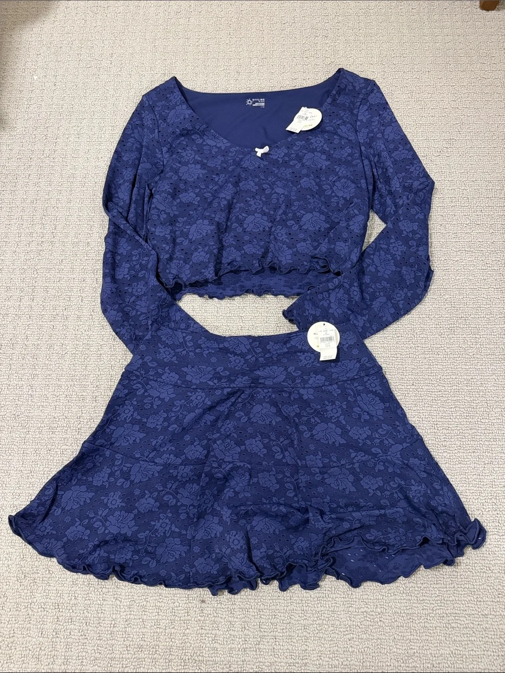Offline Navy Floral Two-Piece Long Sleeve Crop Top & Skirt
